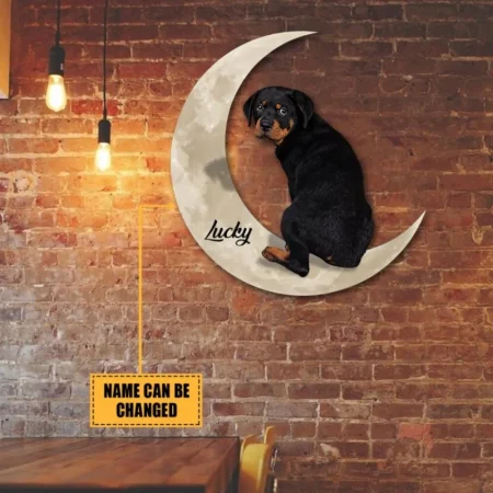 Rottweiler Dog And Moon Custom Name Metal Sign, Dog Mom Wall Hanging