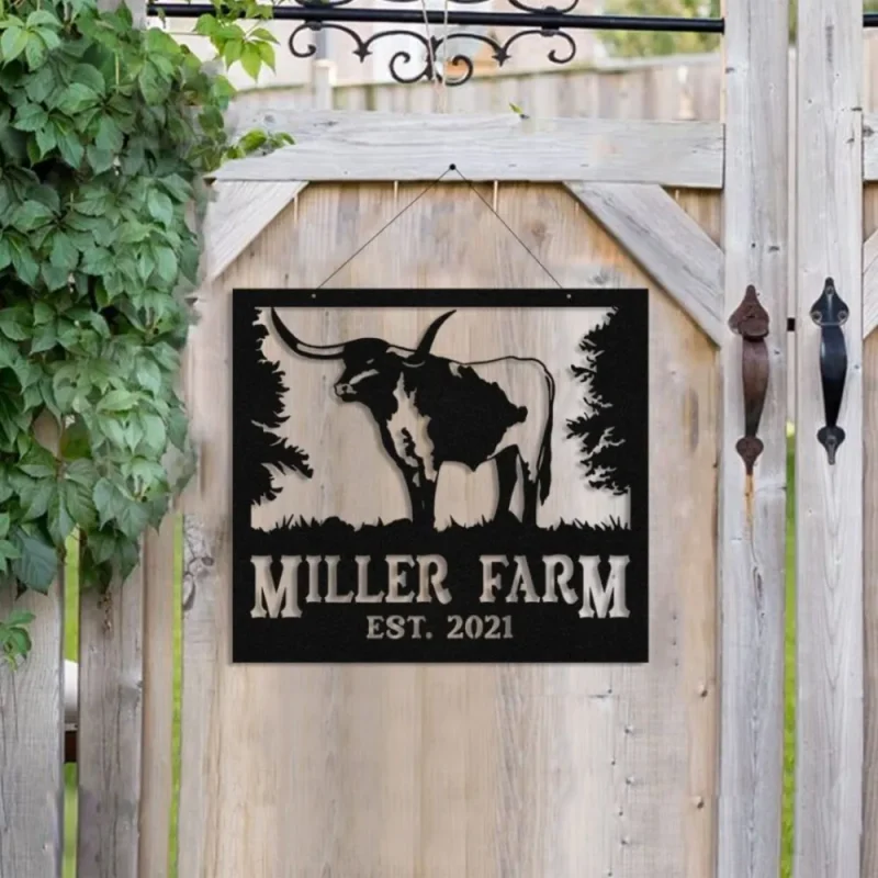 Metal Farm Sign Texas Longhorn Cattle Cow