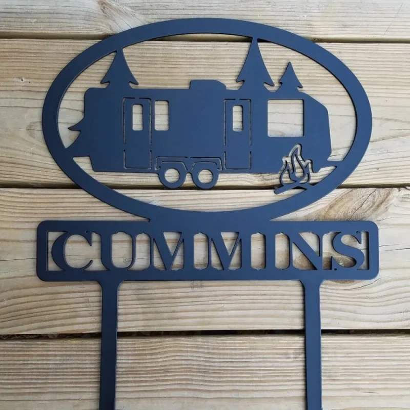 Travel Trailer With Personalized Name Metal Sign - Staked Camping Site Marker - Customized Name Steel Camper Sign