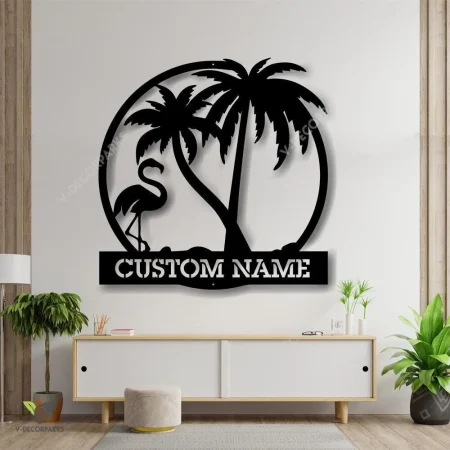 Flamingo And Palm Trees Family Custom Metal Sign - Wedding Gift - Personalized Gift - Metal Wall Art - Personalized Family Name Metal Sign
