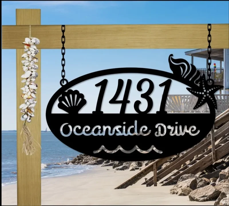 Hanging Beach House Address Sign, Nautical, Seashells, Tropical Custom Metal Address Sign, Beach House Welcome Sign