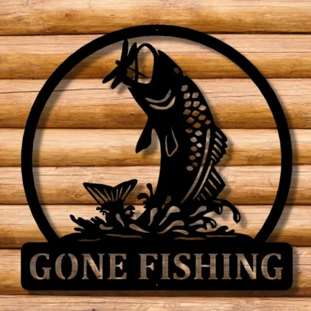 Gone Fishing Metal Sign Decor, Fishing Sign, Jumping Fish Wall Decor, Laser Cut Metal Sign, Cottage Wall Decoration, Outdoor Metal Wall Art