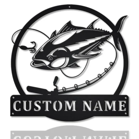 Personalized Tuna Fishing Fish Pole Metal Sign Art, Custom Tuna Fishing Metal Sign, Tuna Fishing Gifts For Men, Tuna Fishing Gift