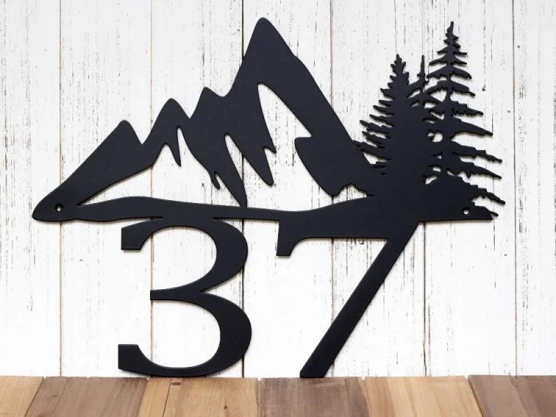 Custom Mountain House Number Metal Sign - Black, Mountain, Pine Tree, Metal Sign, Address Plaque, Outdoor Sign