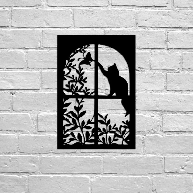 Cat And Butterfly In Window Metal Wall, Hanging Art, Garden Decor, Black Cat Metal Signs, House Decor, Gift For Cat Lover, Wall Hanger
