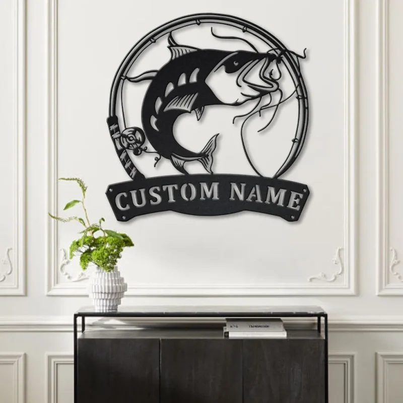 Personalized Catfish Fishing Fish Pole Metal Sign Art, Custom Catfish Fishing Metal Sign, Catfish Fishing Gift, Decor Decoration