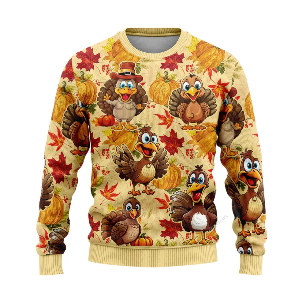 Turkey Maple Ugly Sweater For Men Women, 3d Printed Turkey Pumpkin Harvest Ugly Sweater, Thanksgiving Winter Holiday Crew Neck Sweater | - Bouty Shop