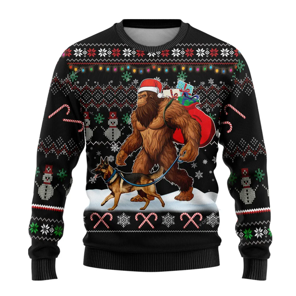 Santa Bigfoot Christmas Ugly Sweaters For Men Women, 3d Printed German Shepherd Ugly Christmas Sweaters, Xmas Holiday Crew Neck Ugly Sweaters | - Bouty Shop