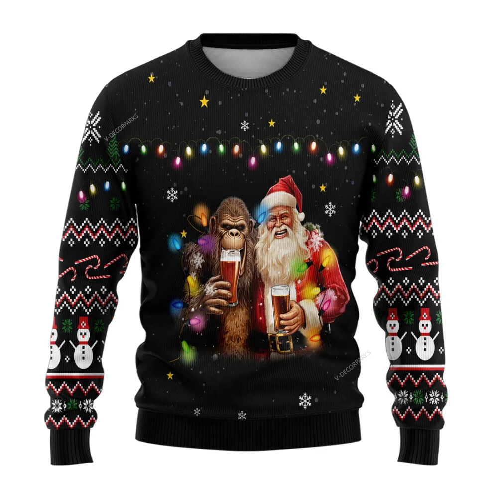 Santa Beer Christmas Ugly Sweaters For Men Women, 3d All Over Printed Funny Bigfoot Ugly Christmas Sweater, Xmas Holiday Crew Neck Ugly Sweater | - Bouty Shop