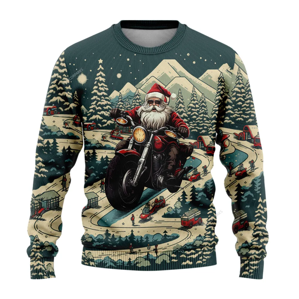 Motorcycle Christmas Ugly Sweaters For Men Women, 3d Printed Santa Riding Motorbike Ugly Christmas Sweaters, Xmas Holiday Crew Neck Ugly Sweater | - Bouty Shop