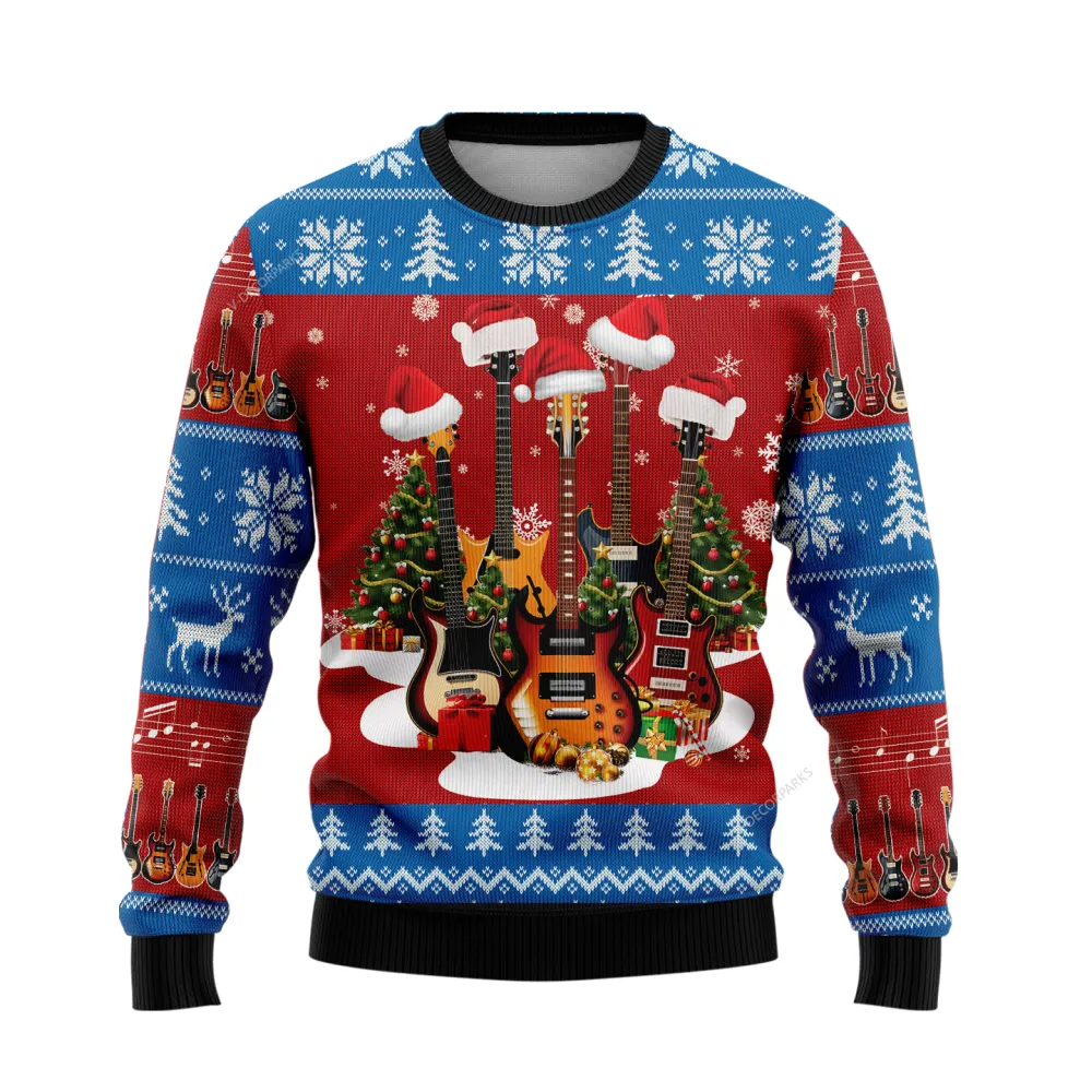 Christmas Guitar Ugly Sweater For Men Women, 3d Printed Guitar Crewneck Knitted Ugly Sweaters, Christmas Holiday Guitar Lover Ugly Sweaters | - Bouty Shop