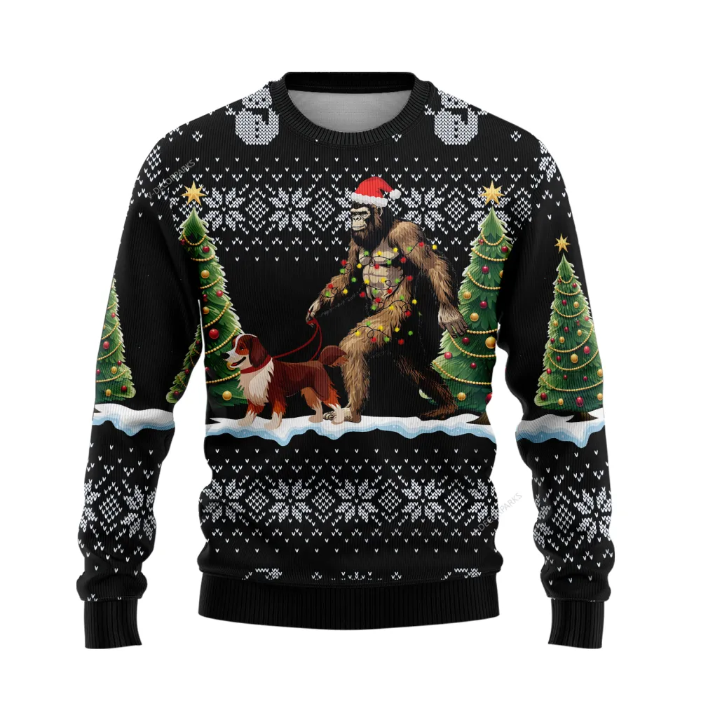 Sasquatch Walking Ugly Christmas Sweater For Men Women, 3d Printed Crewneck Knitted Ugly Sweater, Christmas Holiday Bigfoot Ugly Sweater | - Bouty Shop