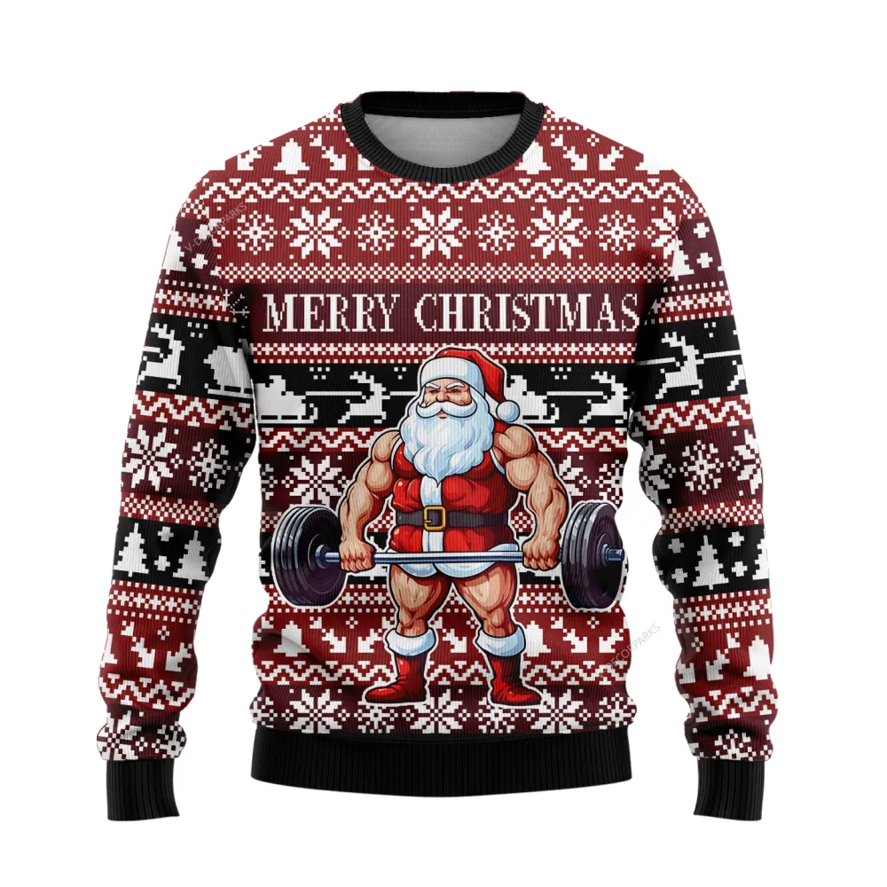 Santa Weightlifting Ugly Christmas Sweater For Men Women, 3d Printed Santa Crewneck Knitted Ugly Sweater, Christmas Holiday Santa Ugly Sweater | - Bouty Shop