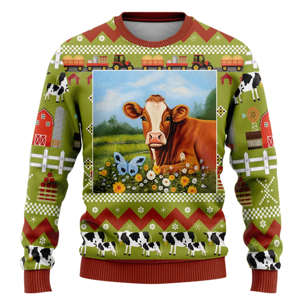 Hereford Cow Christmas Ugly Sweaters For Men Women, Merry Xmas Holiday Cattle Lovers Ugly Sweaters, 3d Printed Crewneck Knitted Ugly Sweaters | Bouty Shop