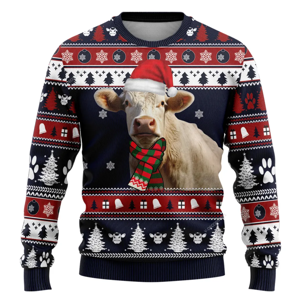 Charolais Cow Christmas Ugly Sweaters For Men Women, Merry Xmas Holiday Cattle Cow Lovers Ugly Sweaters, 3d Printed Crewneck Knitted Ugly Sweaters | Bouty Shop