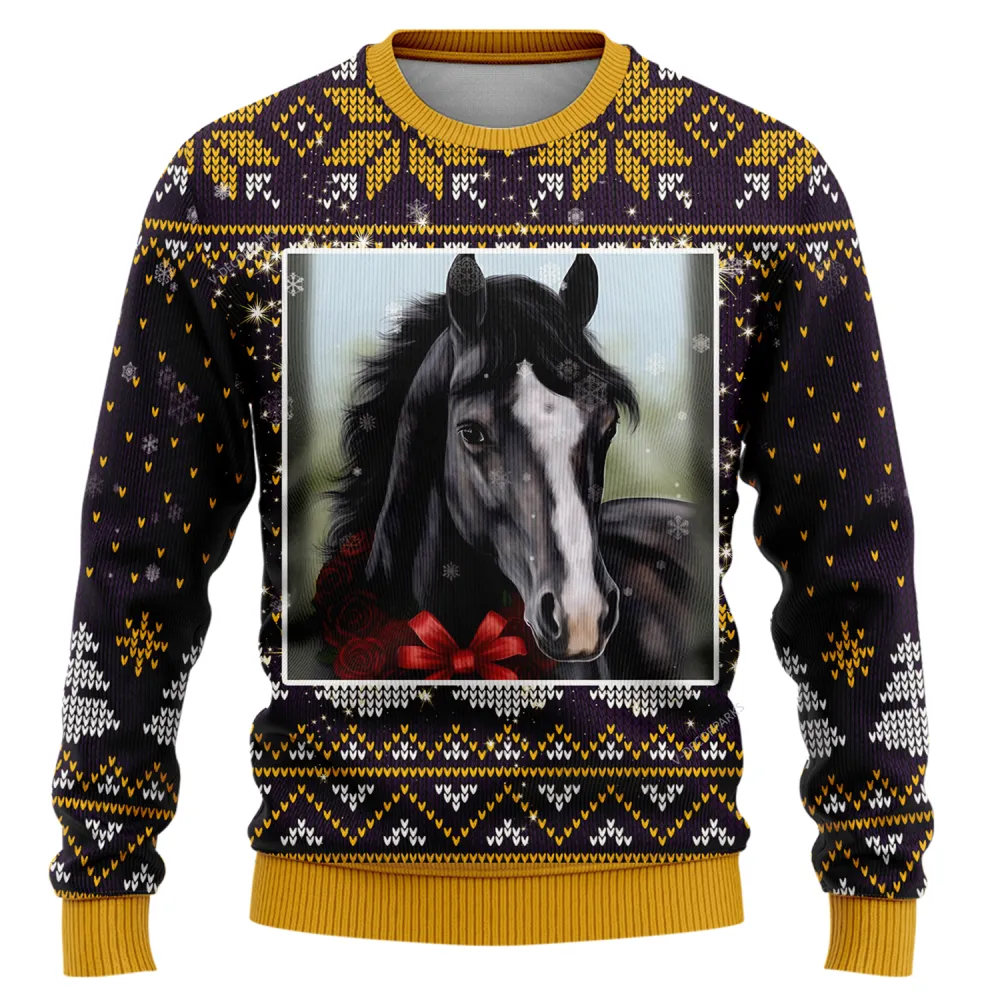 Black Horse Ugly Christmas Sweaters For Men Women, Merry Xmas Holiday Horse Lovers Ugly Sweaters, 3d Printed Crewneck Knitted Ugly Sweaters | Bouty Shop