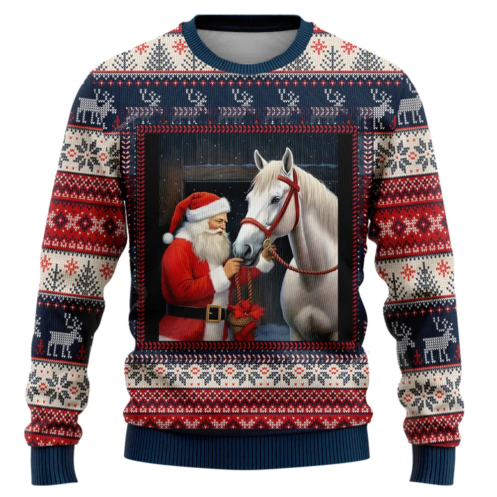 Santa & Horse Ugly Christmas Sweaters For Men Women, Merry Xmas Holiday Horse Lovers Ugly Sweaters, 3d Printed Crewneck Knitted Ugly Sweaters | Bouty Shop