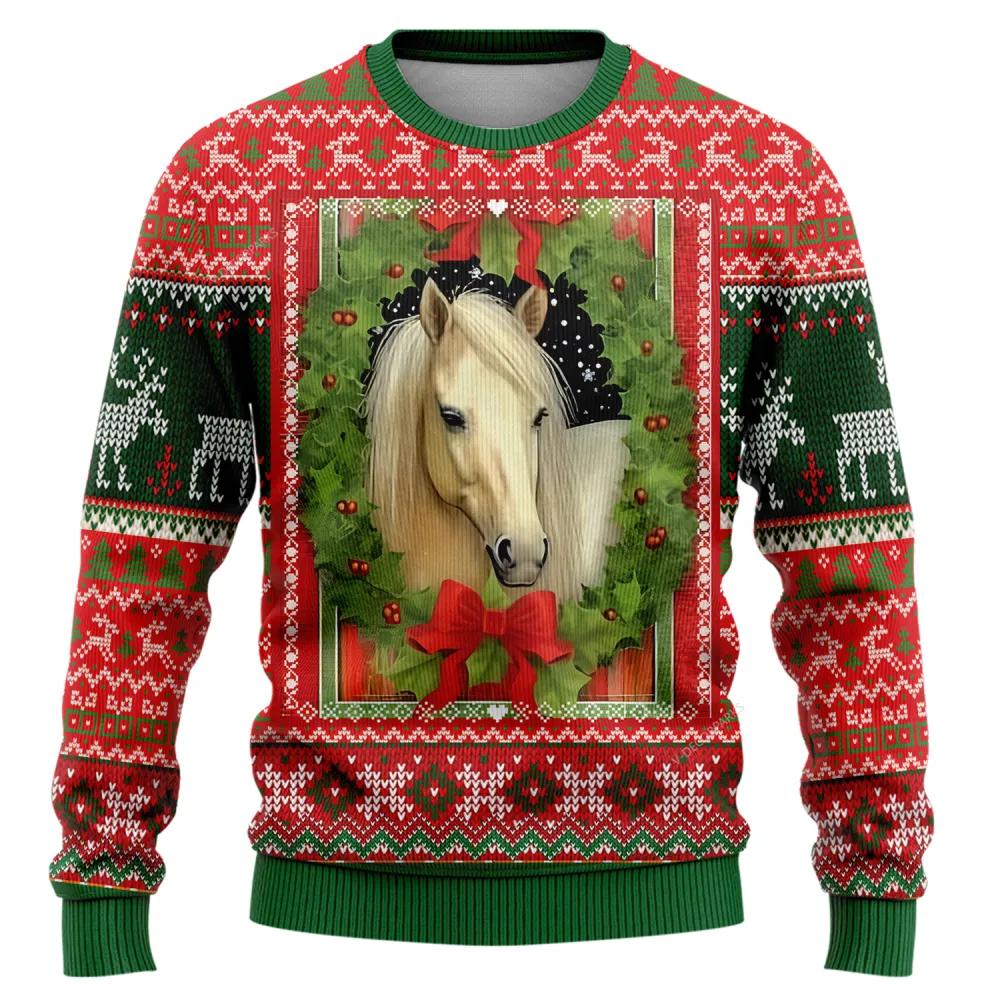 Xmas Wreath Horse Ugly Christmas Sweaters For Men Women, Merry Xmas Holiday Horse Lovers Ugly Sweaters, 3d Printed Crewneck Knitted Ugly Sweaters | Bouty Shop