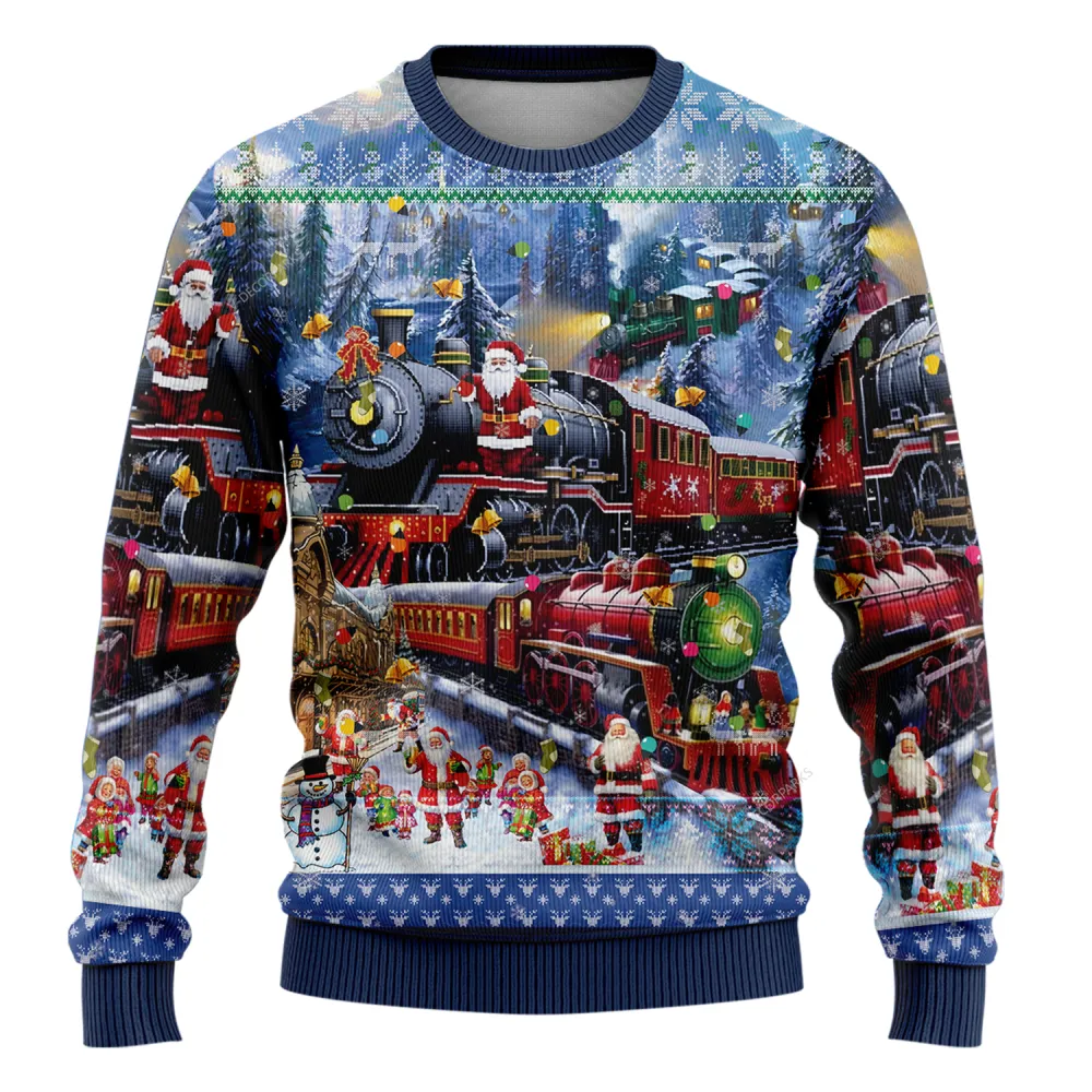 Santa Train Christmas Ugly Sweater For Men Women, Merry Xmas Holiday Santa Ugly Sweaters, 3d Printed Crewneck Knitted Ugly Sweaters | - Bouty Shop