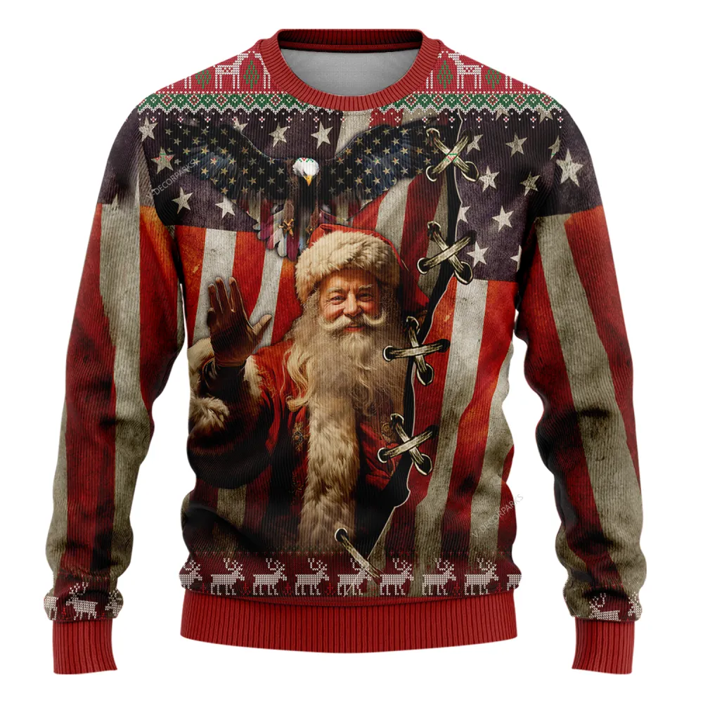 Santa Us Flag Christmas Ugly Sweater For Men Women, Merry Xmas Holiday Santa Ugly Sweaters, 3d Printed Crewneck Knitted Ugly Sweaters | - Bouty Shop