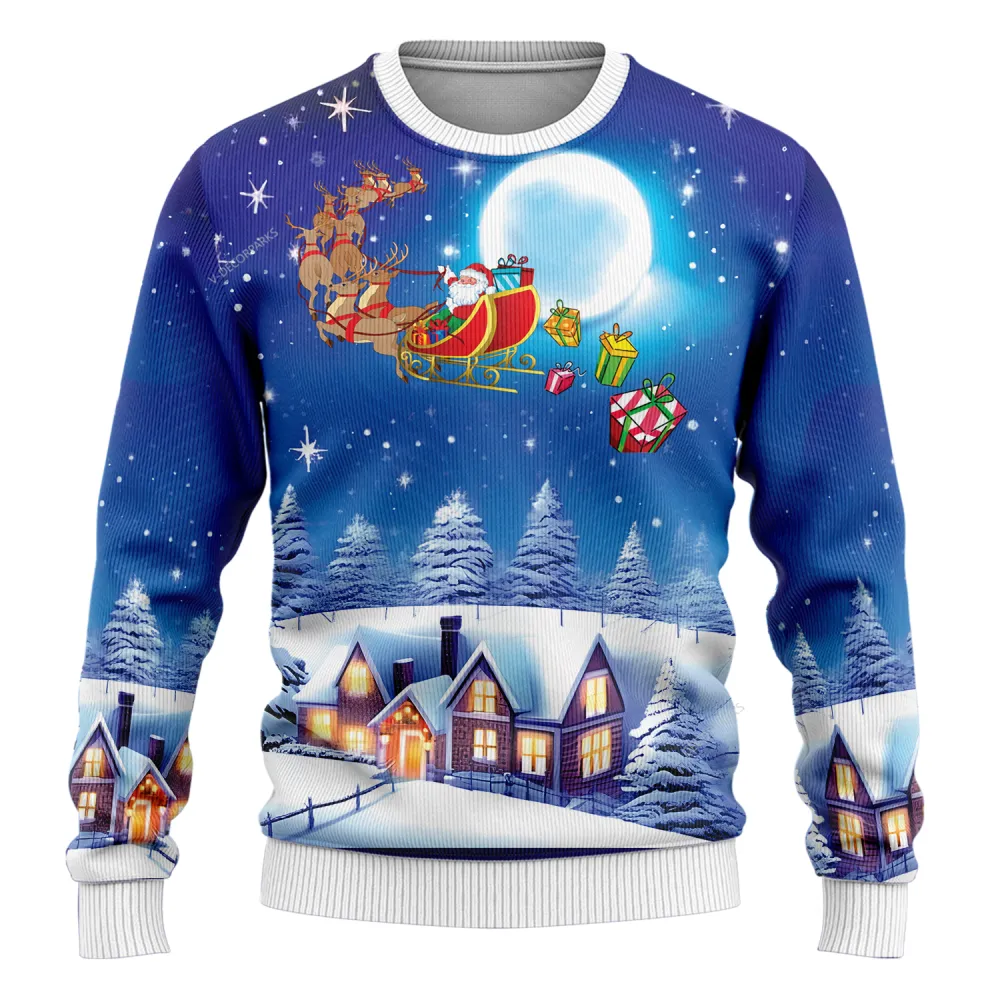 Santa Sleigh Ugly Christmas Sweaters For Men Women, Merry Christmas Night Holiday Ugly Sweaters, 3d Printed Snowy Crewneck Knitted Ugly Sweaters | - Bouty Shop