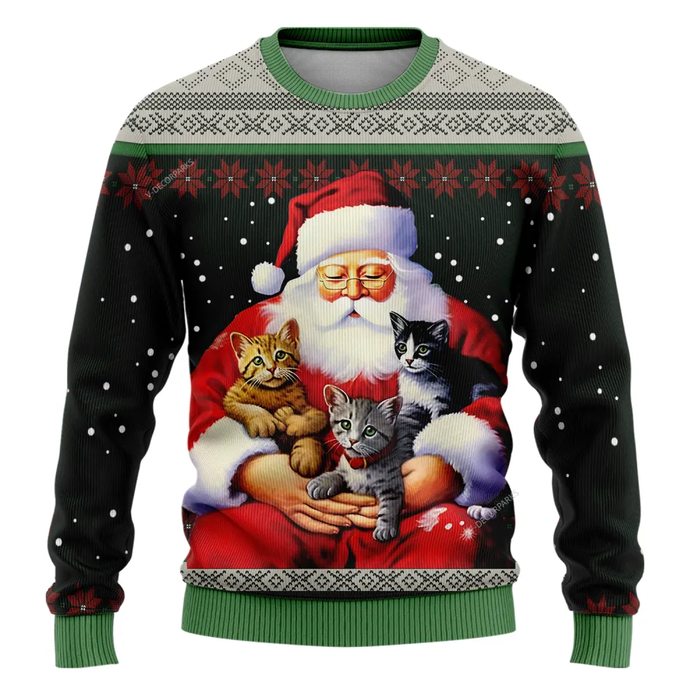 Santa Loves Cats Ugly Christmas Sweaters For Men Women, Merry Christmas Holiday Ugly Sweaters, 3d Printed Santa Crewneck Knitted Ugly Sweaters | - Bouty Shop