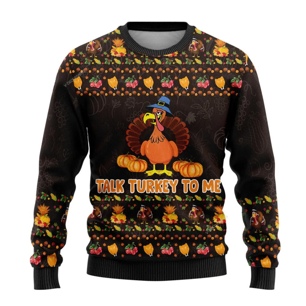 Talk Turkey Thanksgiving Ugly Sweaters For Men Women, 3d Printed Turkey Pumpkins Ugly Christmas Sweaters, Happy Holiday Crew Neck Ugly Sweaters | - Bouty Shop
