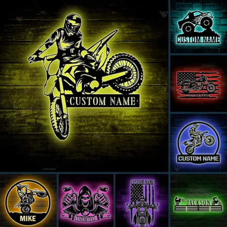Custom Motocross Sport Metal Wall Art LED Lights, Dirt Bike LED Metal Sign, Personalized Motorcycle Biker Metal Name Sign, Garage Man Cave Metal Sign