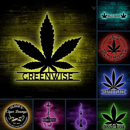 Personalized Weed Metal Wall Art LED Lights, Custom Marijuana Smoking Metal Sign, Cannabis Cigar Lounge Man Cave Metal Decor, Shisha Hookah Metal Sign