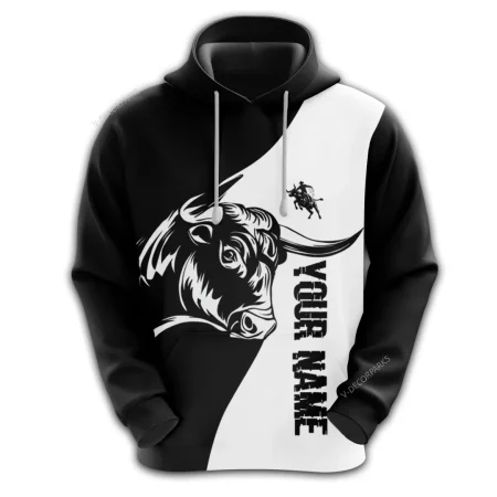 Black & White 3d Cow All Over Printed Hoodies For Mens, Personalized Name Bull Rider Unisex Hoodie, Rodeo Cowboy 3d Pullover Sweatshirt With Pockets