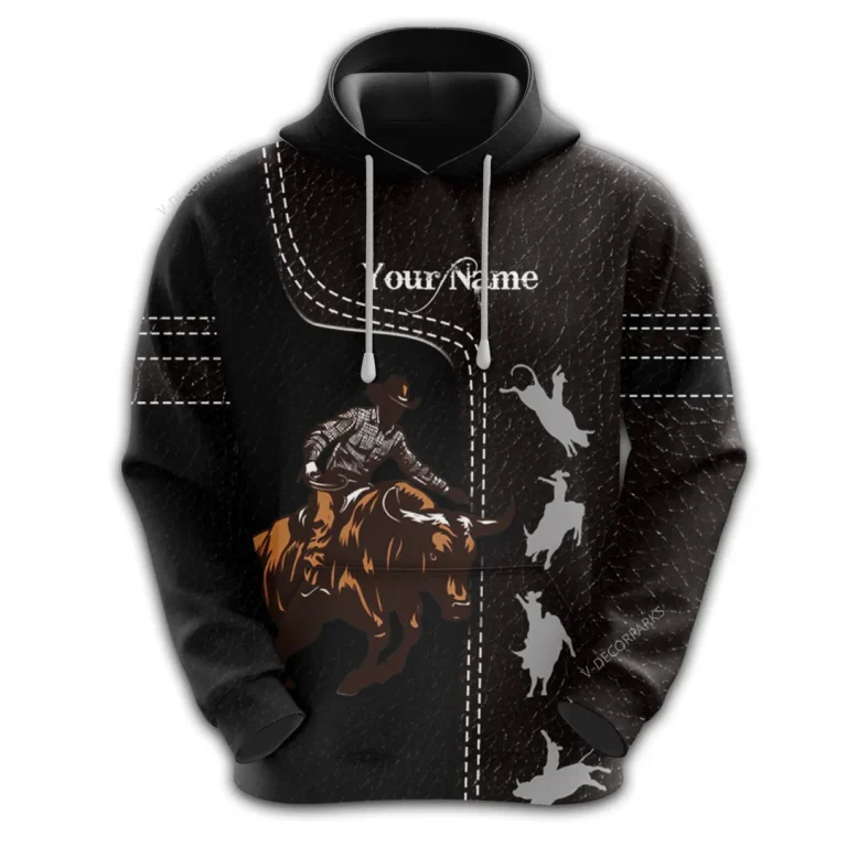 Personalized Name Bull Riding All Over Printed Hoodies For Mens, Rodeo Cowboy 3d Pullover Sweatshirt With Pockets, Custom Bull Rider Unisex Hoodie