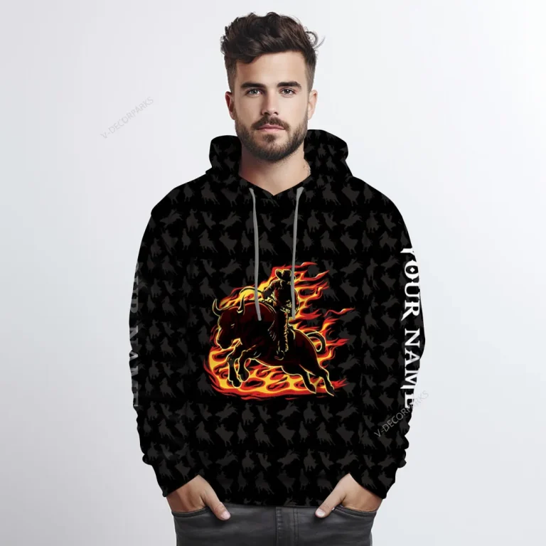 Personalized Name Bull Rider Mens All Over Printed Hoodies, Fire Rodeo Cowboy 3d Pullover Sweatshirt With Pocket, Custom Bull Riding Unisex Hoodie