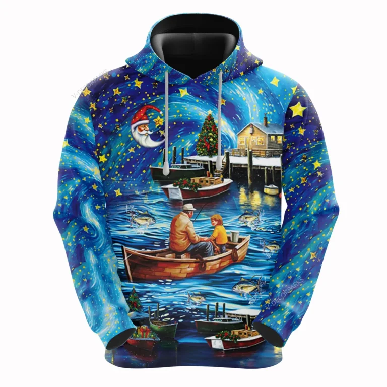 Tuna Fishing All Over Printed Hoodie For Men, Starry Christmas Harbor 3d Printed Unisex Pullover Hoodie, Fishing Men's Fleece Hooded Sweatshirt