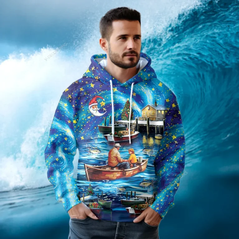 Tuna Fishing All Over Printed Hoodie For Men, Starry Christmas Harbor 3d Printed Unisex Pullover Hoodie, Fishing Men's Fleece Hooded Sweatshirt