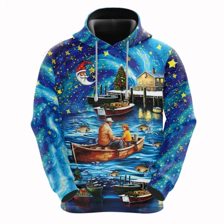 Halibut Fishing All Over Printed Hoodie For Men, Starry Christmas Harbor 3d Printed Unisex Pullover Hoodie, Fishing Men's Fleece Hooded Sweatshirt