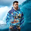 Halibut Fishing All Over Printed Hoodie For Men, Starry Christmas Harbor 3d Printed Unisex Pullover Hoodie, Fishing Men's Fleece Hooded Sweatshirt