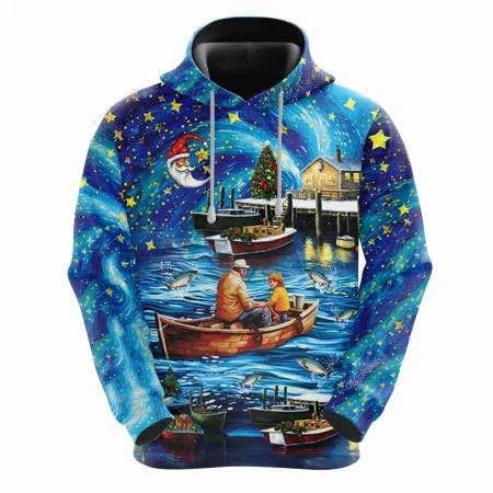 Atlantic Salmon Fishing All Over Printed Hoodie, Starry Christmas Harbor 3d Printed Unisex Pullover Hoodie, Fishing Men's Fleece Hooded Sweatshirt