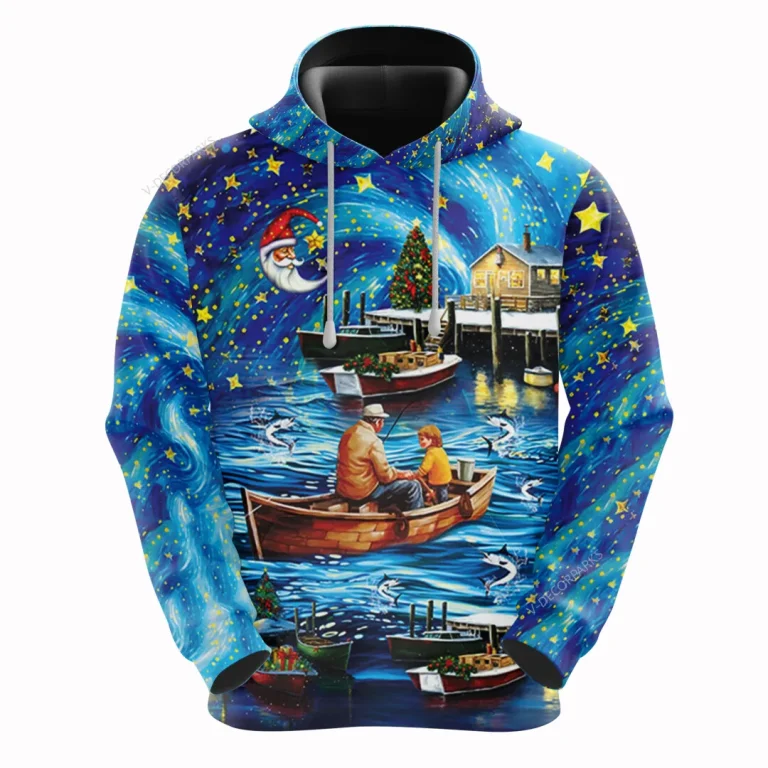 Marlin Fishing All Over Printed Hoodie For Men, Starry Christmas Harbor 3d Printed Unisex Pullover Hoodie, Fishing Men's Fleece Hooded Sweatshirt