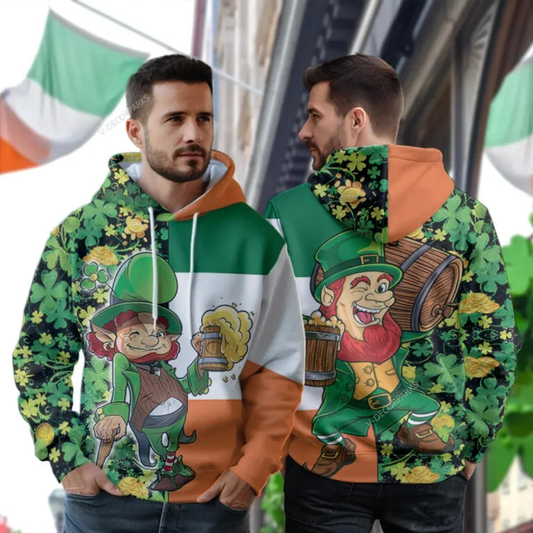 Leprechaun With Beer 3d All Over Printed Hoodie, Irish Green Shamrock Printed Unisex Pullover Hoodie, Patrick's Day Men's Fleece Hooded Sweatshirt