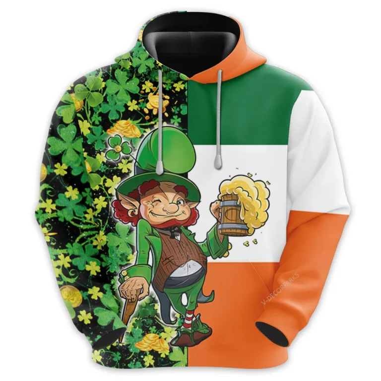 Leprechaun With Beer 3d All Over Printed Hoodie, Irish Green Shamrock Printed Unisex Pullover Hoodie, Patrick's Day Men's Fleece Hooded Sweatshirt