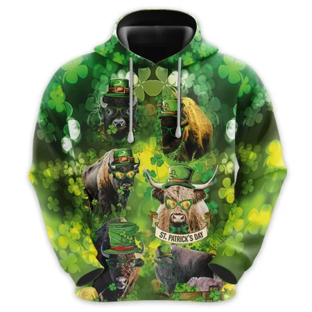 St Patrick Bison Cow All Over Printed Hoodie, Leprechaun Bison Cow Printed Unisex Pullover Hoodie, Happy Patrick's Day Men's Fleece Hooded Sweatshirt