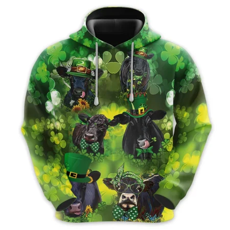 St Patrick Black Angus Cow All Over Printed Hoodie, Leprechaun Cow Printed Unisex Pullover Hoodie, Happy Patrick's Day Men's Fleece Hooded Sweatshirt