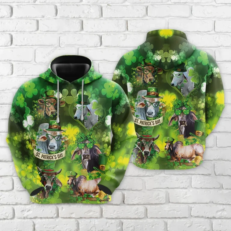 St Patrick Brahman Cow All Over Printed Hoodie, Leprechaun Cow Printed Unisex Pullover Hoodie, Happy Patrick's Day Men's Fleece Hooded Sweatshirt