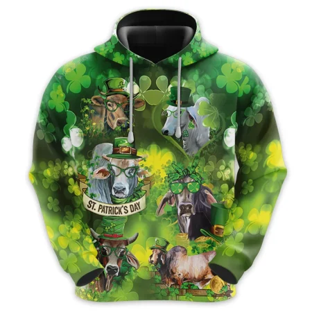 St Patrick Brahman Cow All Over Printed Hoodie, Leprechaun Cow Printed Unisex Pullover Hoodie, Happy Patrick's Day Men's Fleece Hooded Sweatshirt