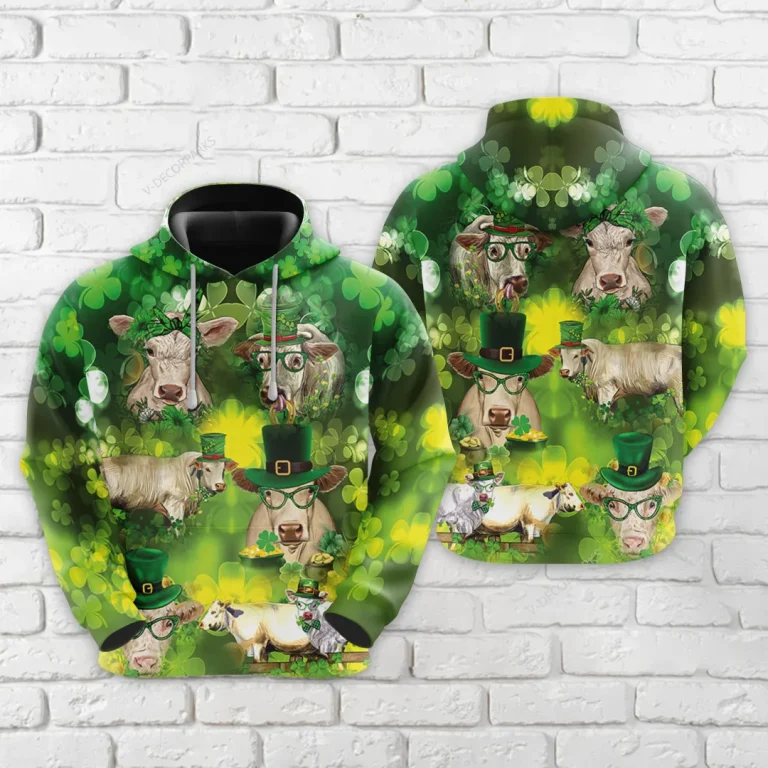 St Patrick Charolais Cow All Over Printed Hoodie, Leprechaun Cow Printed Unisex Pullover Hoodie, Happy Patrick's Day Men's Fleece Hooded Sweatshirt