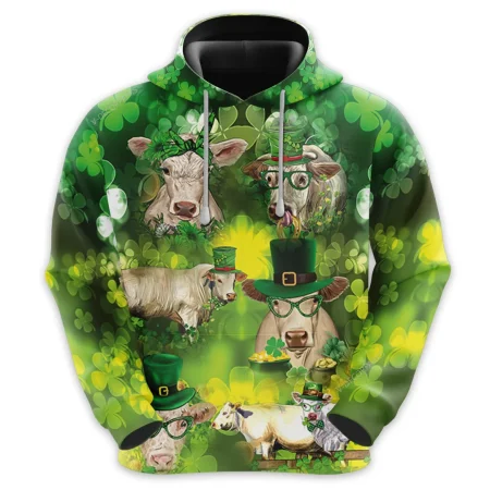 St Patrick Charolais Cow All Over Printed Hoodie, Leprechaun Cow Printed Unisex Pullover Hoodie, Happy Patrick's Day Men's Fleece Hooded Sweatshirt