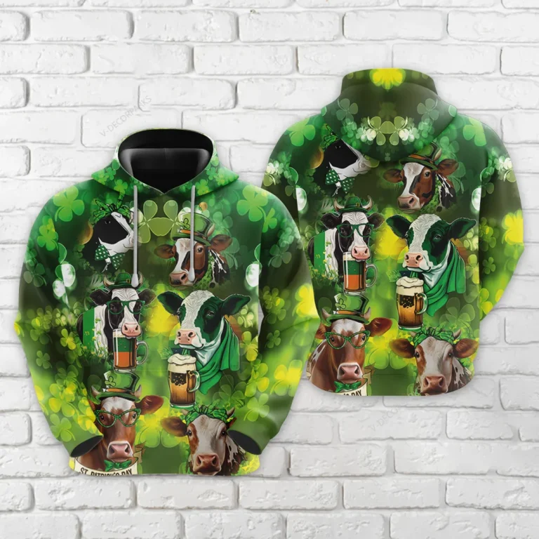 St Patrick Cow With Beer All Over Printed Hoodie, Leprechaun Cow Printed Unisex Pullover Hoodie, Happy Patrick's Day Men's Fleece Hooded Sweatshirt