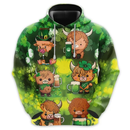 St Patrick Highland Cow All Over Printed Hoodie, Shamrock Patrick Printed Unisex Pullover Hoodie, Happy Patrick's Day Men's Fleece Hooded Sweatshirt