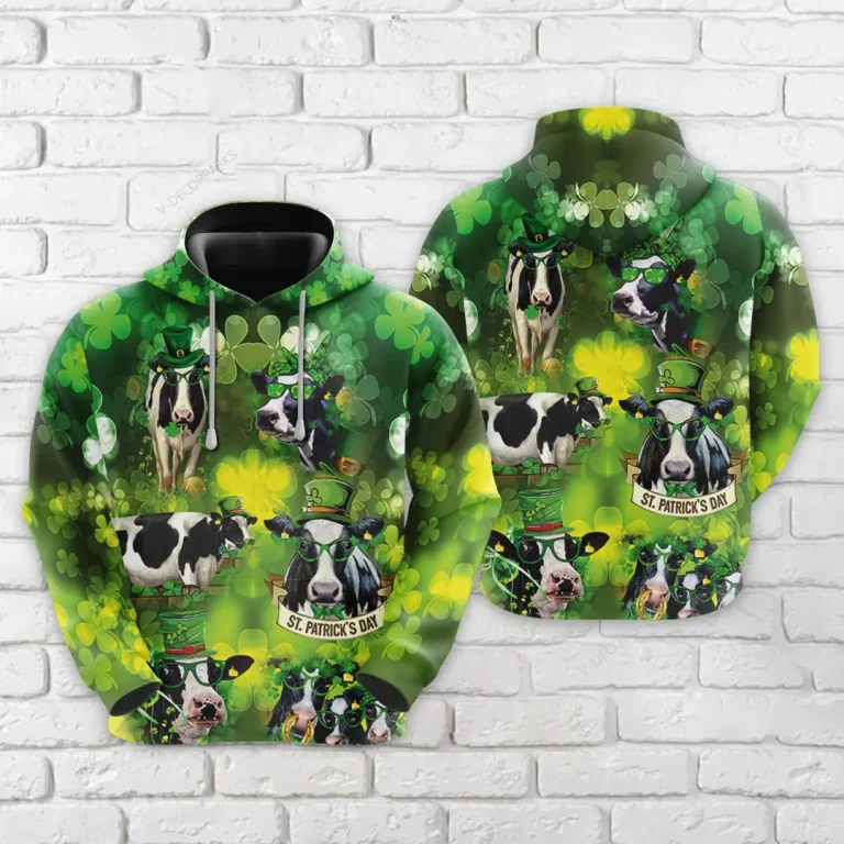 St Patrick Holstein Cow All Over Printed Hoodie, Lucky Shamrock Printed Unisex Pullover Hoodie, Happy Patrick's Day Men's Fleece Hooded Sweatshirt