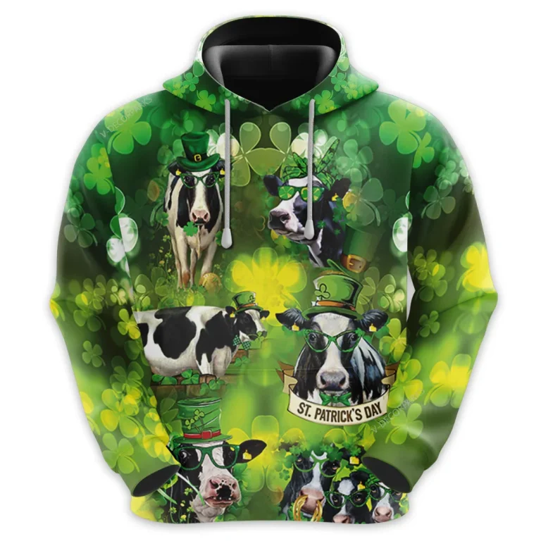 St Patrick Holstein Cow All Over Printed Hoodie, Lucky Shamrock Printed Unisex Pullover Hoodie, Happy Patrick's Day Men's Fleece Hooded Sweatshirt